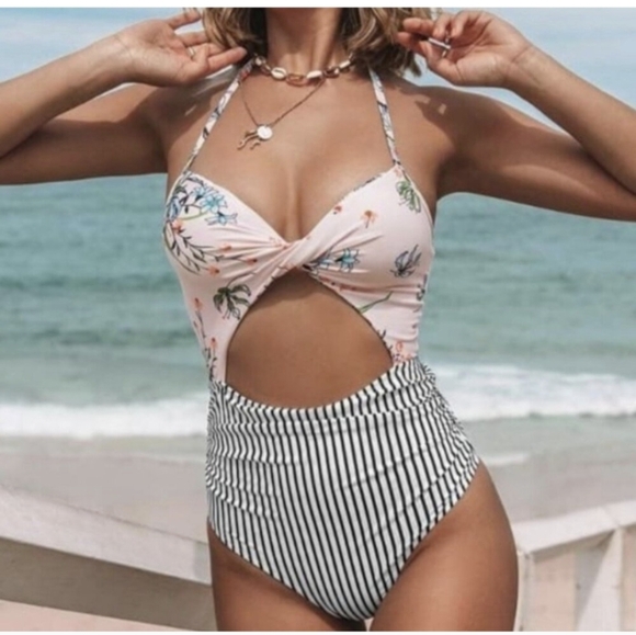 Cupshe Twist Front Floral One-Piece Swimsuit With Black & White Stripe Bottom - Picture 2 of 13